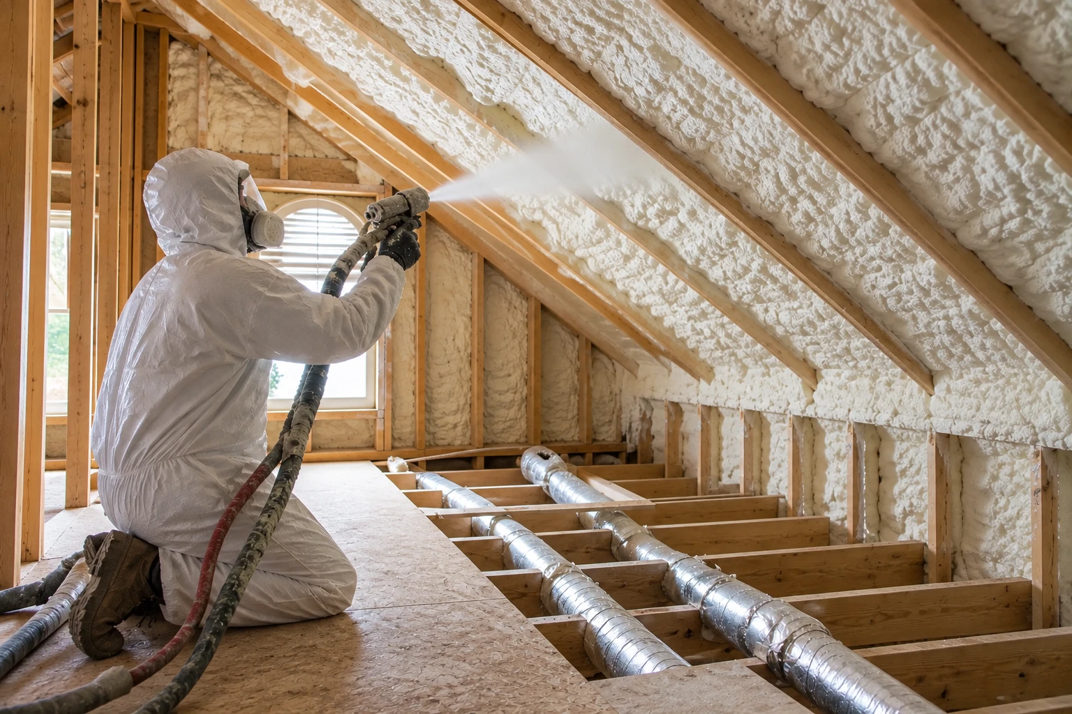 A worker in protective gear sprays foam insulation along the sloped rafters of an attic.