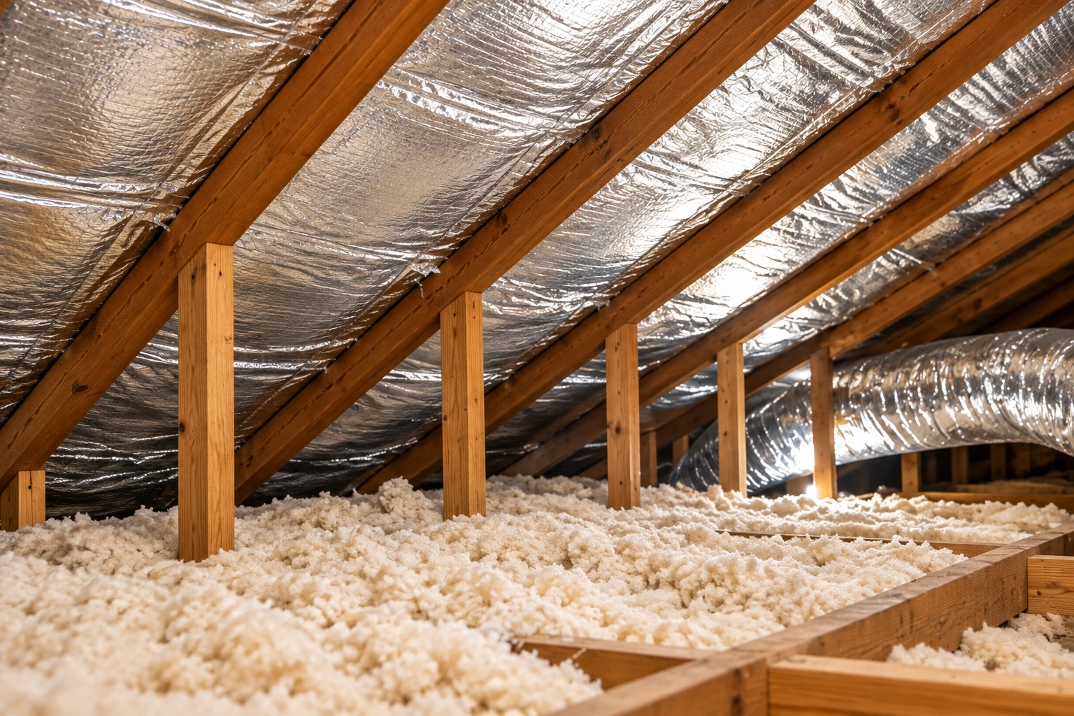 An attic has loose insulation across the floor and reflective foil lining the sloped roof between wooden rafters.