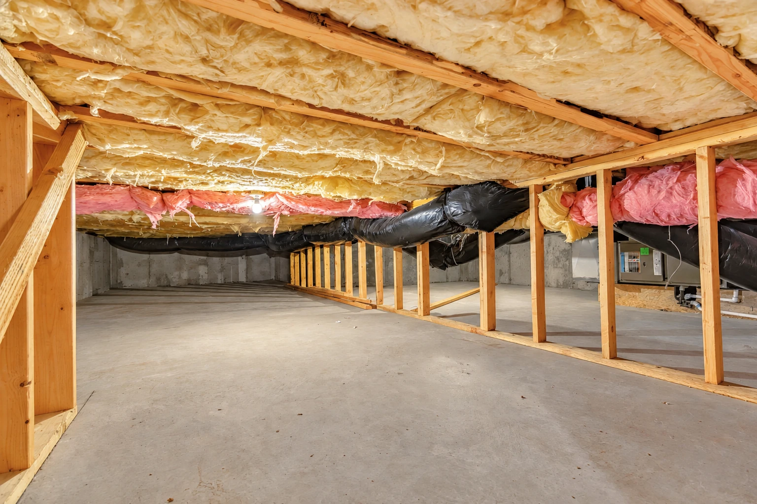 Attic ceiling lined with yellow fiberglass and pink insulation above an open concrete floor and exposed framing.