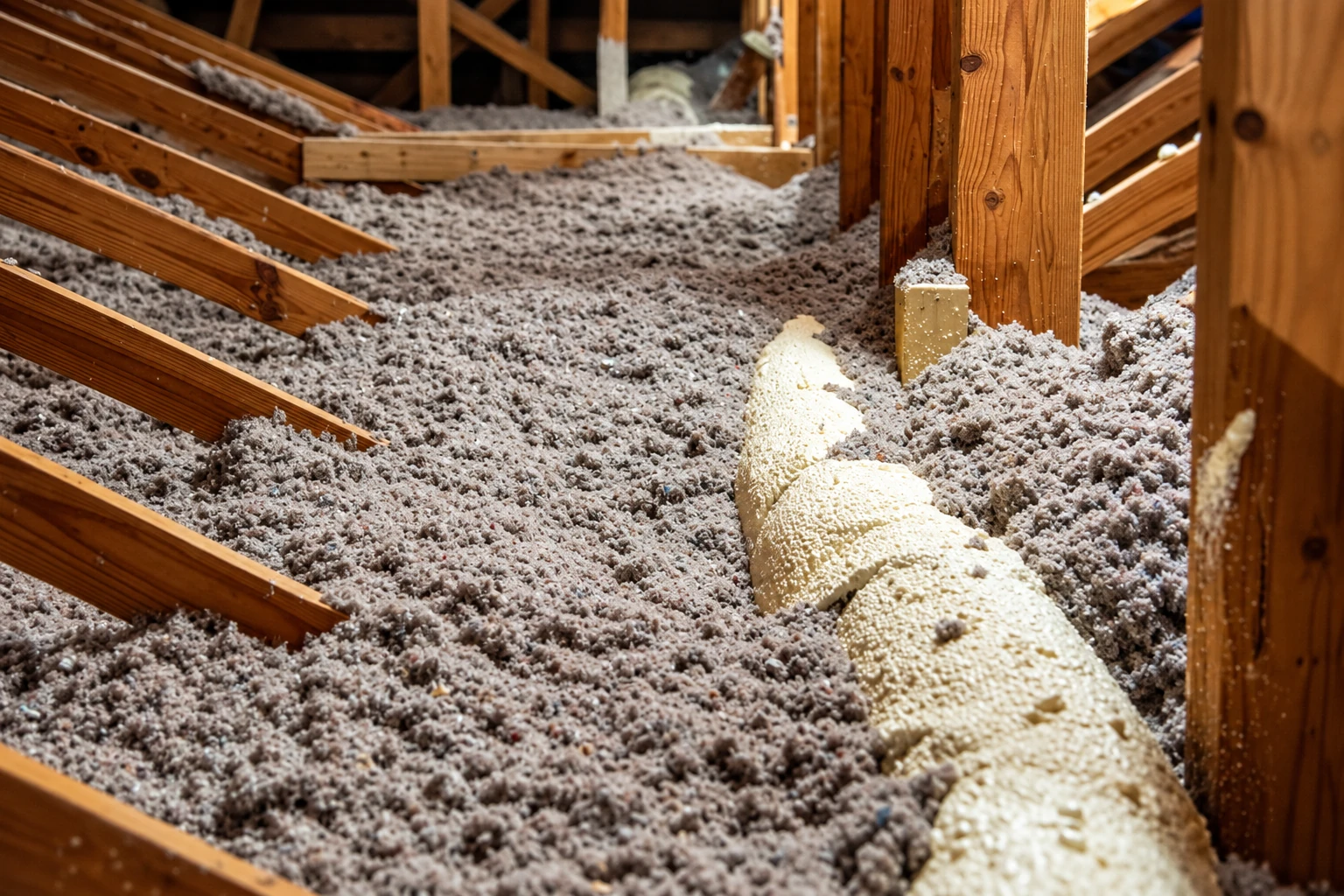 Loose gray blown-in insulation covers an attic floor between exposed wooden rafters, with a pale strip of foam along one side.