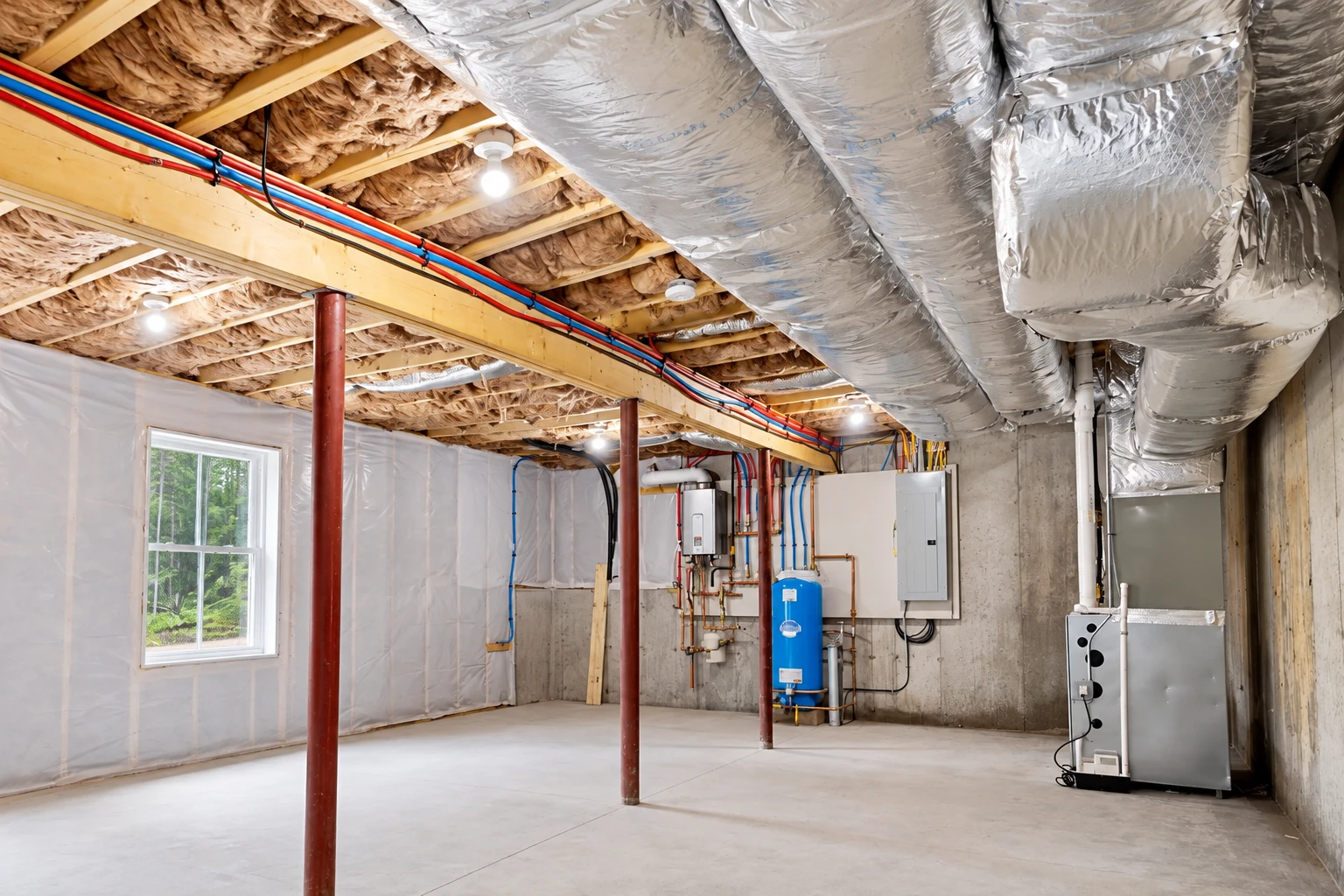 Basement with insulation between ceiling joists, large silver HVAC ducts, covered walls, and visible pipes and utility equipment.