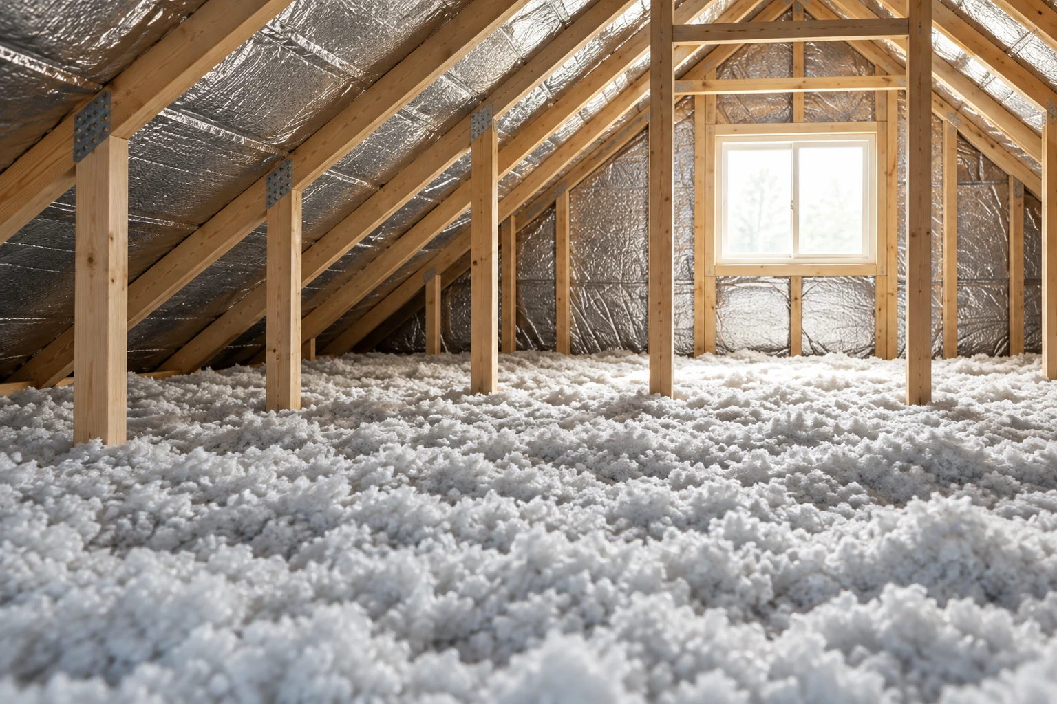 Loose white blown-in insulation blankets the attic floor beneath reflective roof sheathing and wooden rafters.
