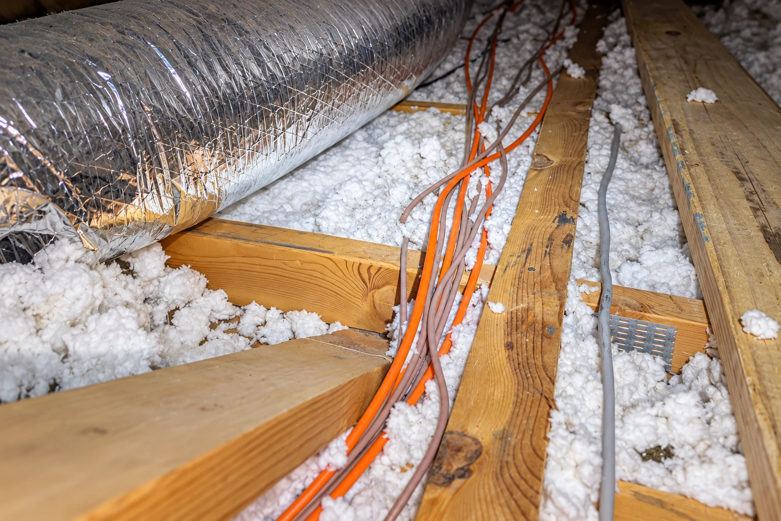 Loose white blown-in insulation fills spaces between attic joists beside a large silver duct and orange cables.