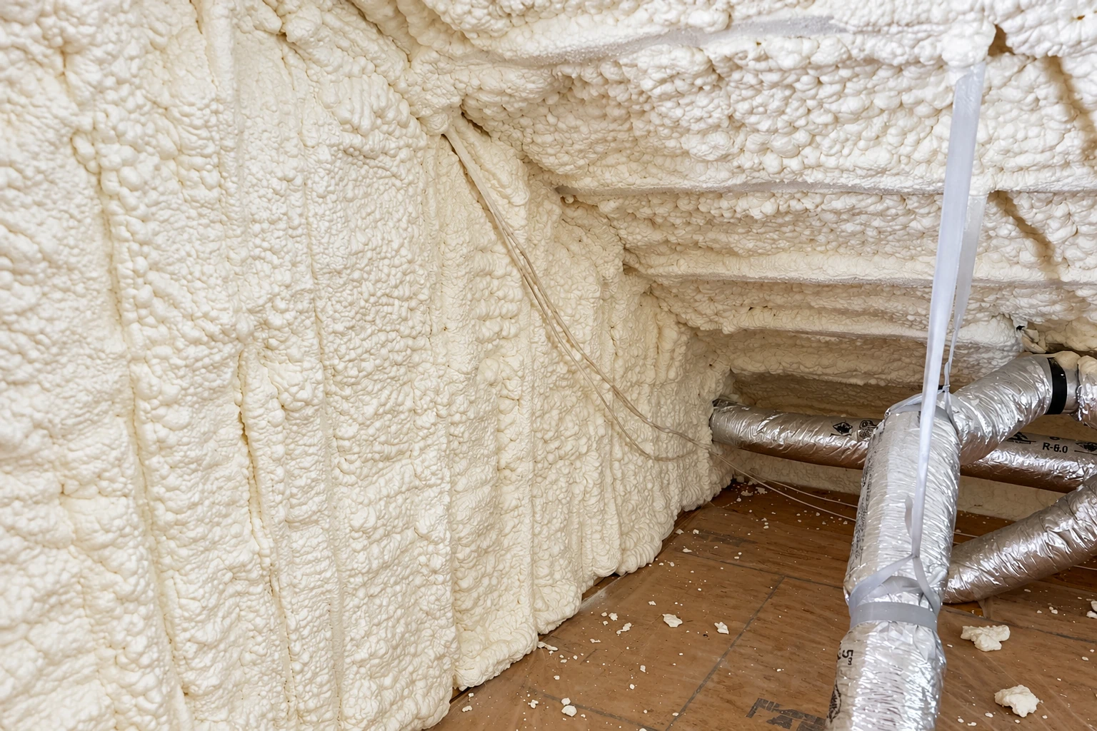 Thick white spray foam covers the walls and ceiling around exposed ducts in an attic.