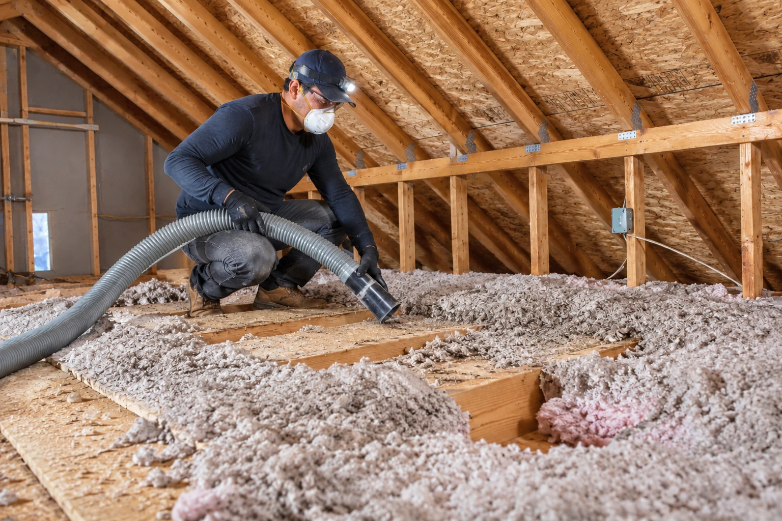 A worker wearing a mask kneels in an attic, blowing loose-fill insulation across the floor through a flexible hose.