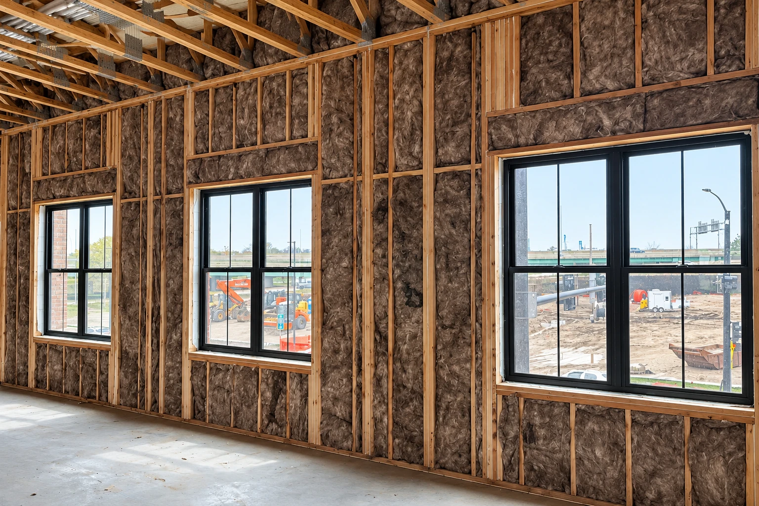 Commercial building interior with brown batt insulation fitted between wall studs around large windows.