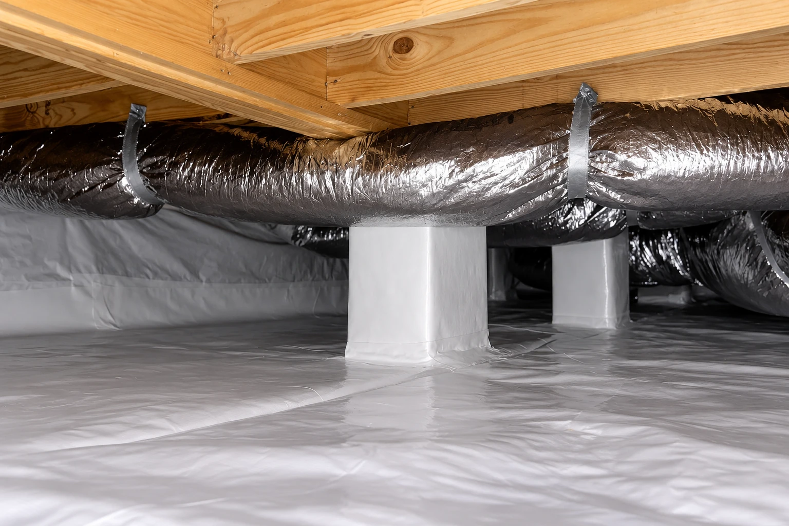 Crawl space with shiny insulated ducts suspended beneath wooden joists and white vapor barrier covering the floor and supports.