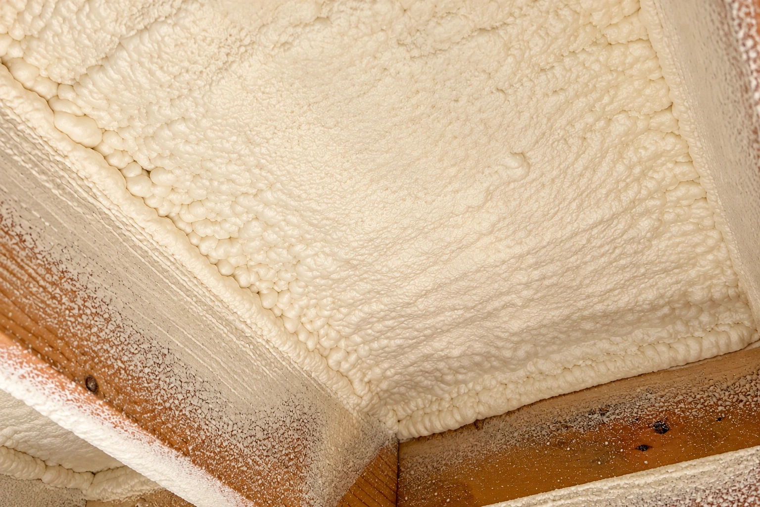 Close view of cream-colored spray foam insulation covering the underside of wooden framing.