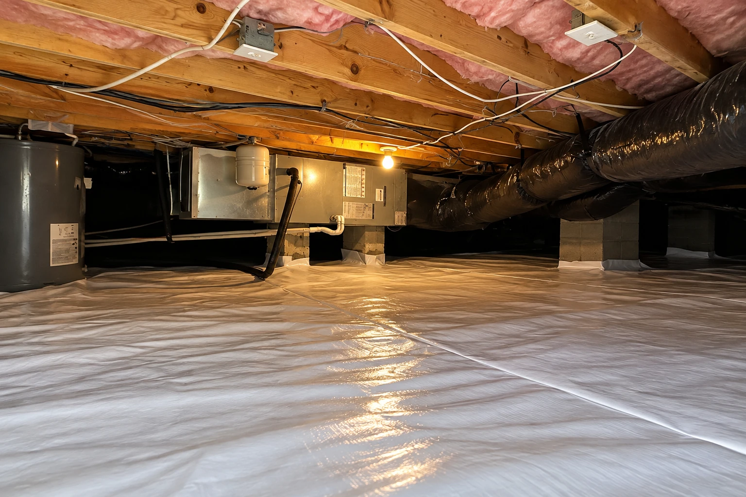 A crawl space has a shiny plastic vapor barrier covering the floor, with HVAC ducts and pink insulation overhead.