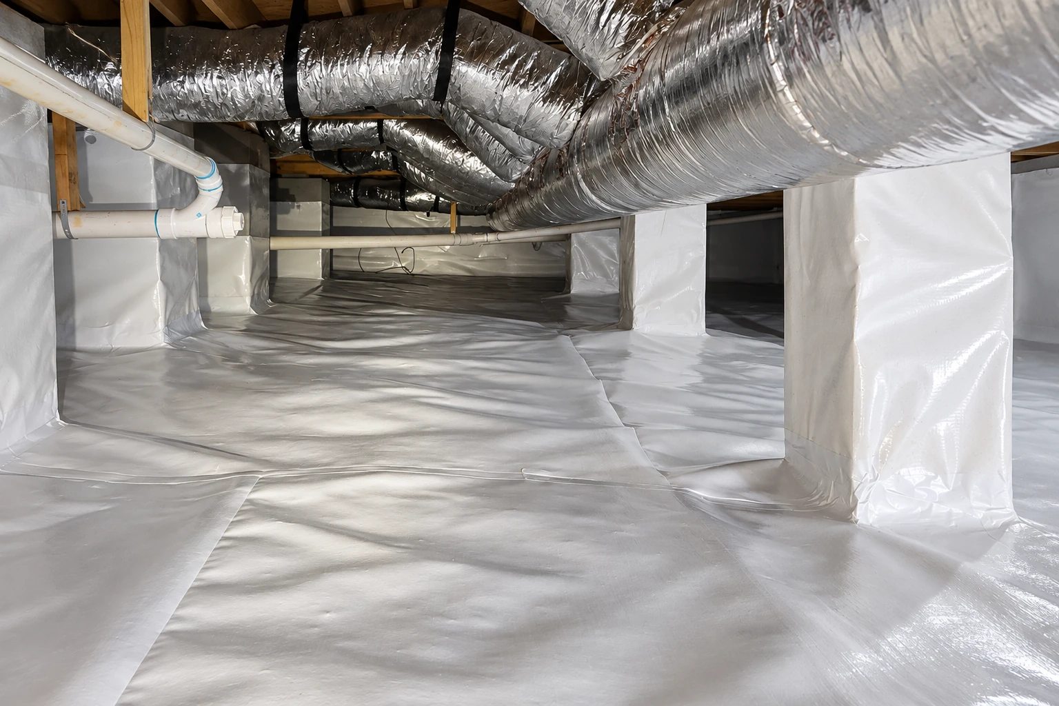 Crawl space with a reflective white vapor barrier covering the floor and wrapping support piers beneath silver ductwork.
