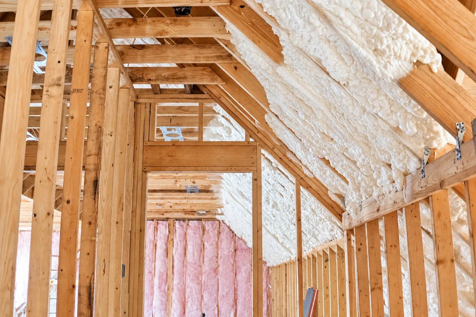 White spray foam insulation coats the sloped roof framing in an unfinished house with exposed studs and pink wall batts.