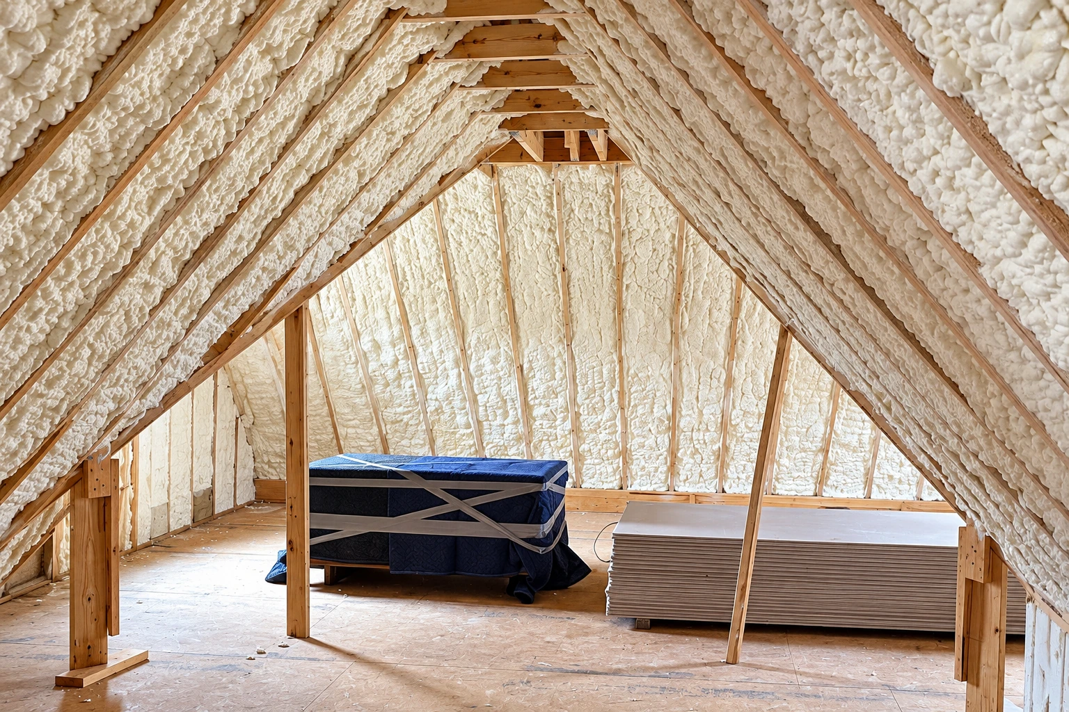 White spray foam covers the sloped roof and walls of an attic, with a mattress and stacked boards on the floor.