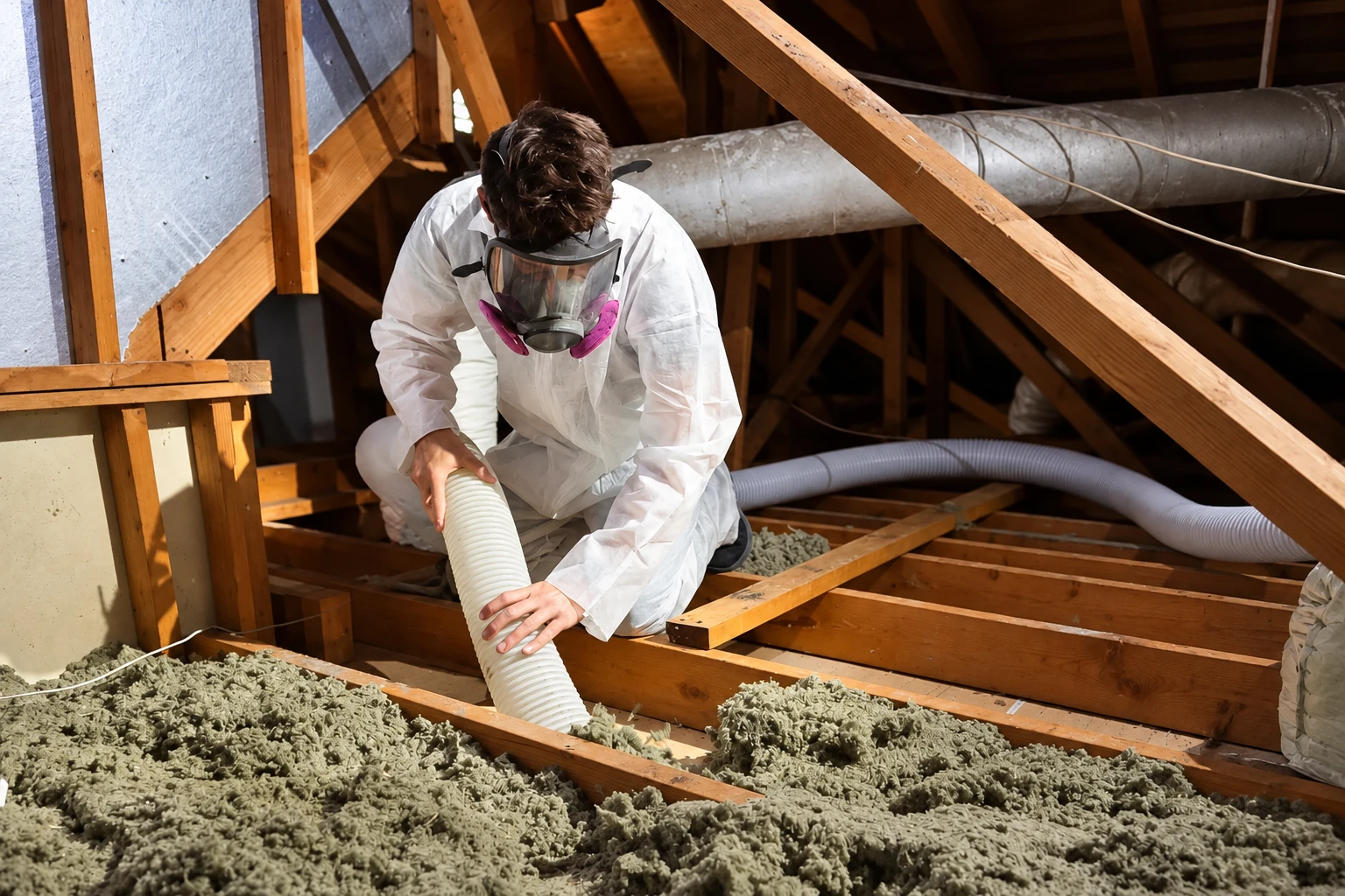 Worker in protective coveralls and a respirator vacuums loose attic insulation through a flexible hose.