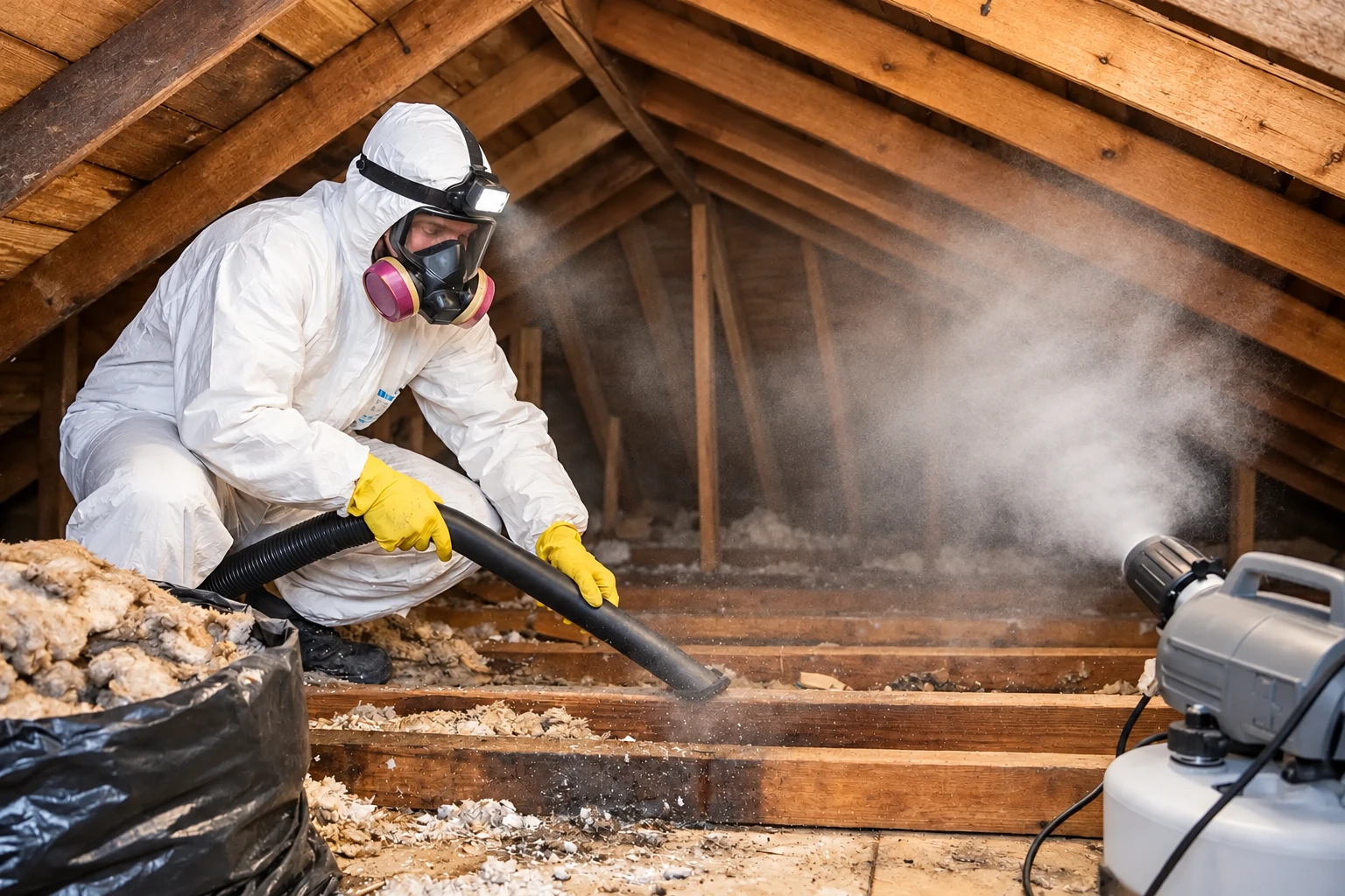 A worker in protective coveralls and a respirator vacuums loose attic insulation beside a machine blowing dust.