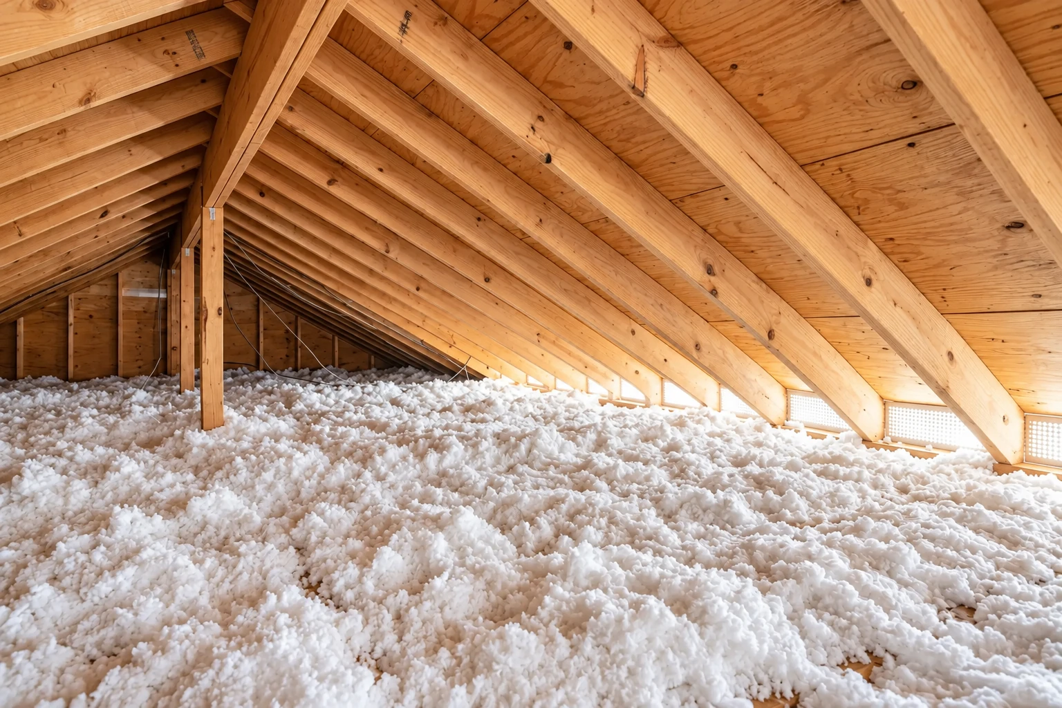 Attic with exposed wooden rafters and a thick layer of loose white blown-in insulation across the floor.