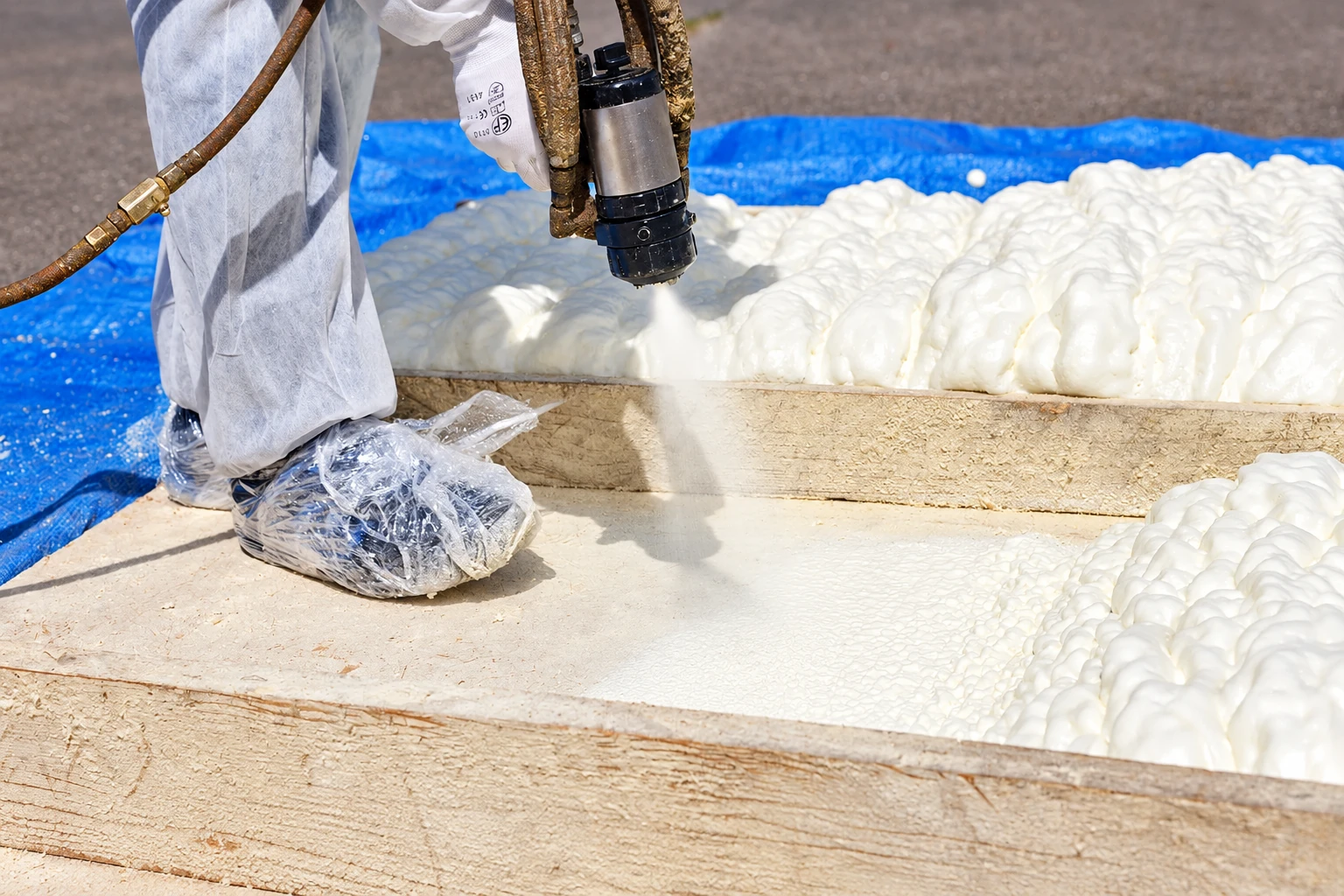 A worker applies white spray foam to a flat surface with a hose-fed spray gun.