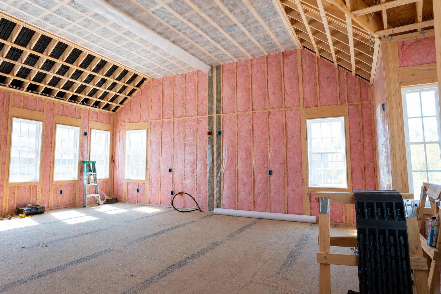 An unfinished room has pink fiberglass insulation between wall studs and translucent sheeting beneath the roof rafters.