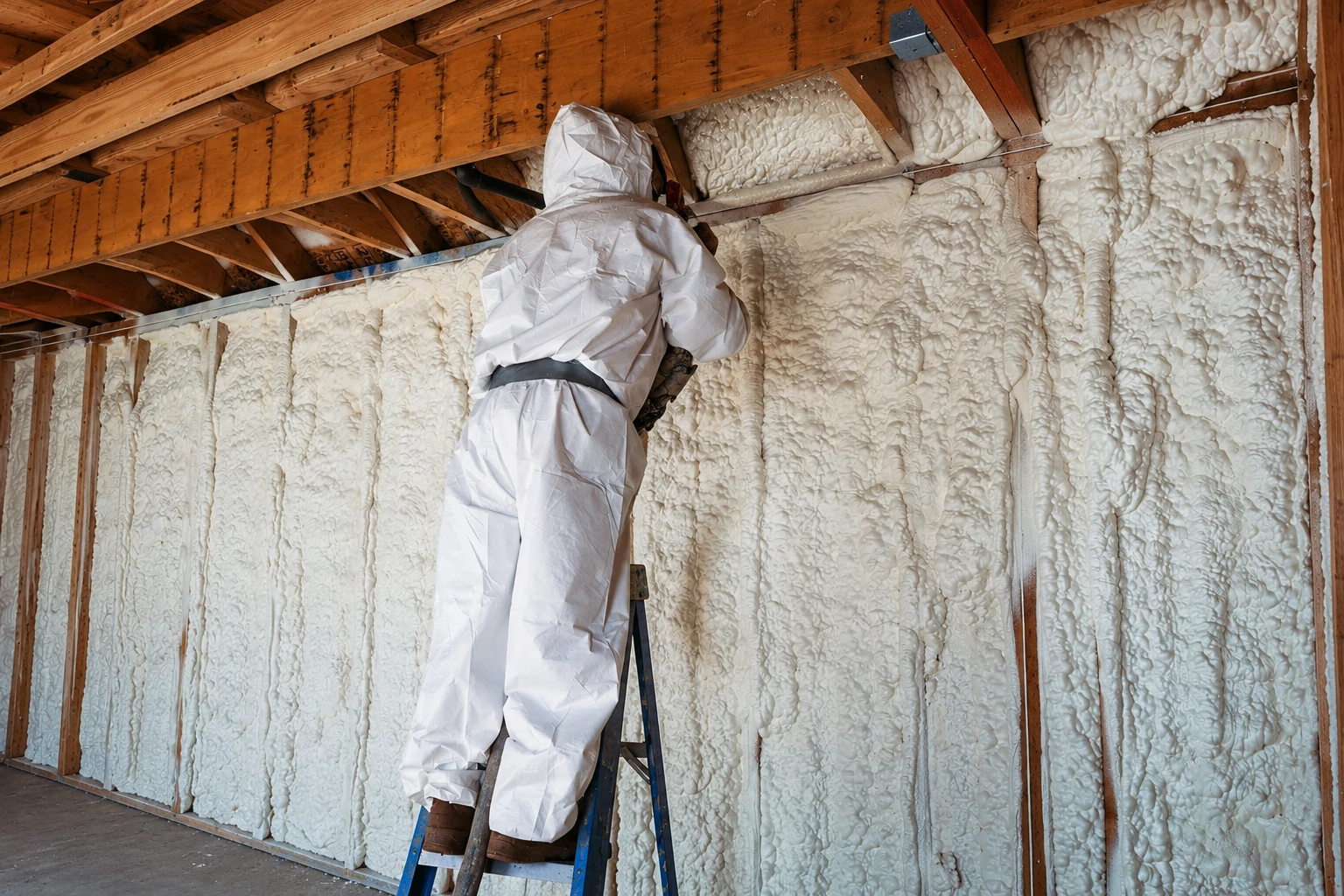 A worker in protective coveralls applies white spray foam between exposed wall studs in a framed interior.